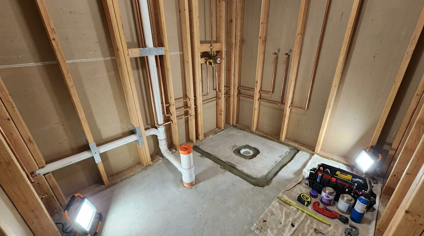 Bathroom rough-in plumbing during remodel by Johns Plumbing LLC in South Lebanon