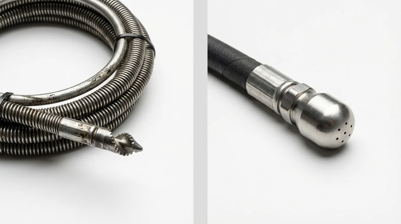 Drain snake cable and hydro jetting nozzle used for drain cleaning in South Lebanon, OH