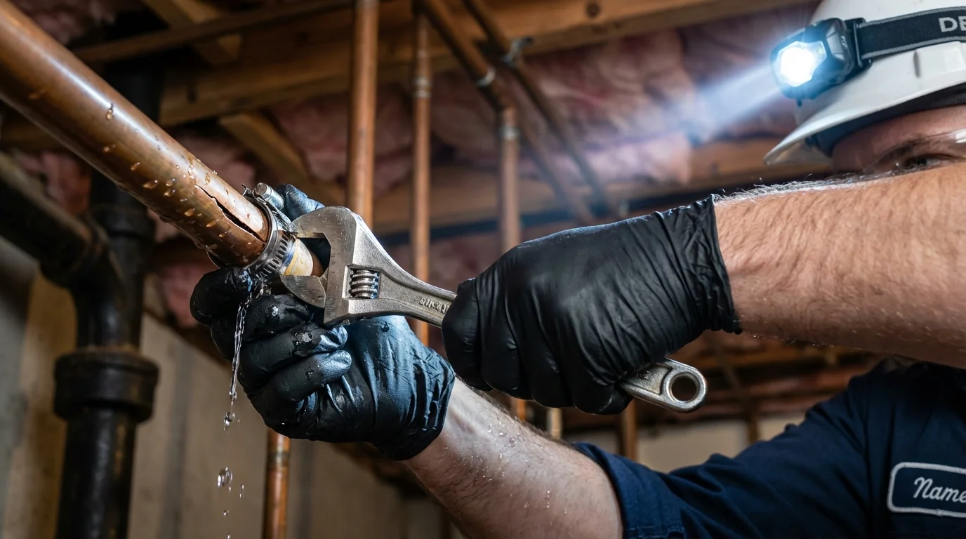 Emergency pipe clamp repair being performed by a Johns Plumbing LLC plumber in South Lebanon