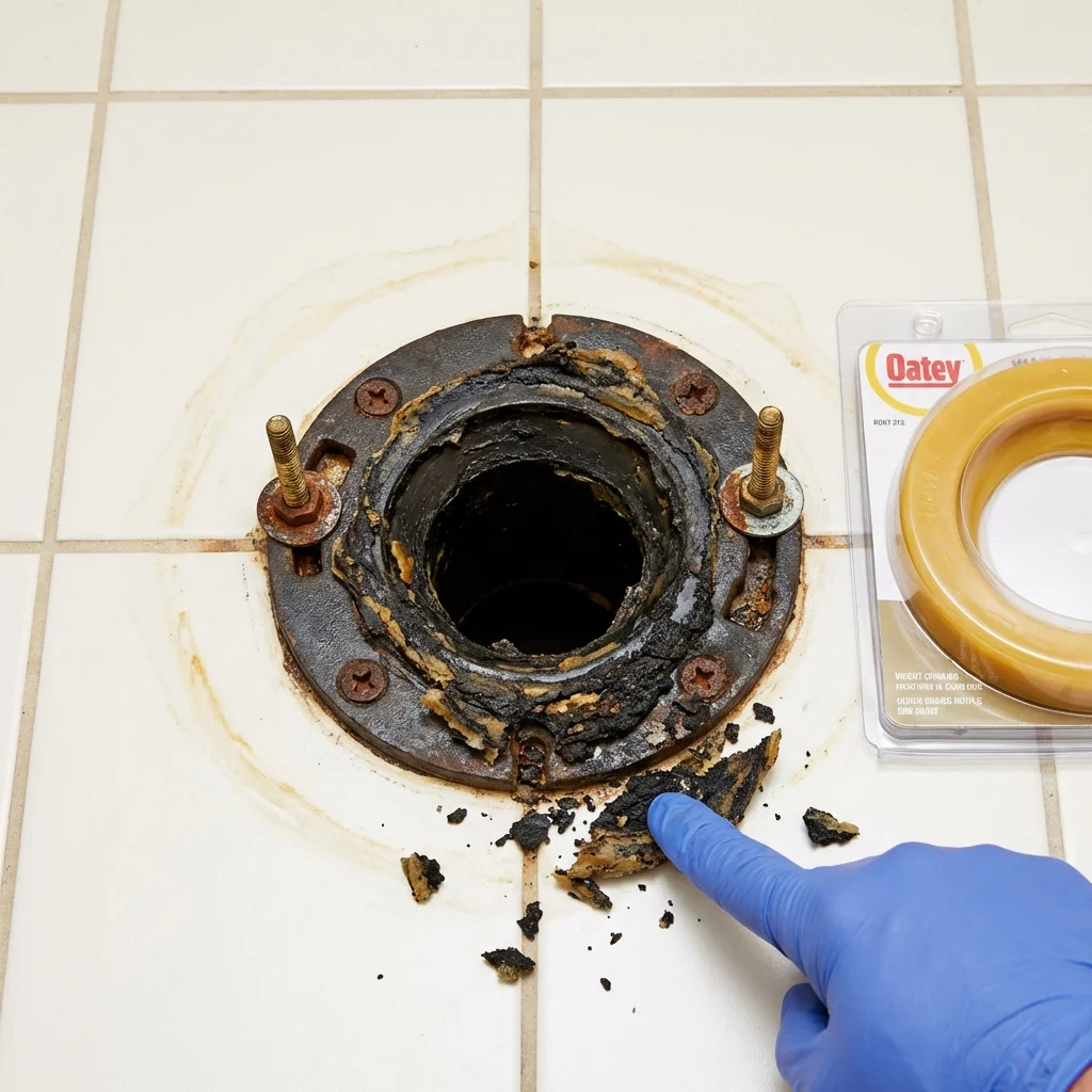 Failed wax ring showing water seepage at the base of a toilet in a South Lebanon, OH home
