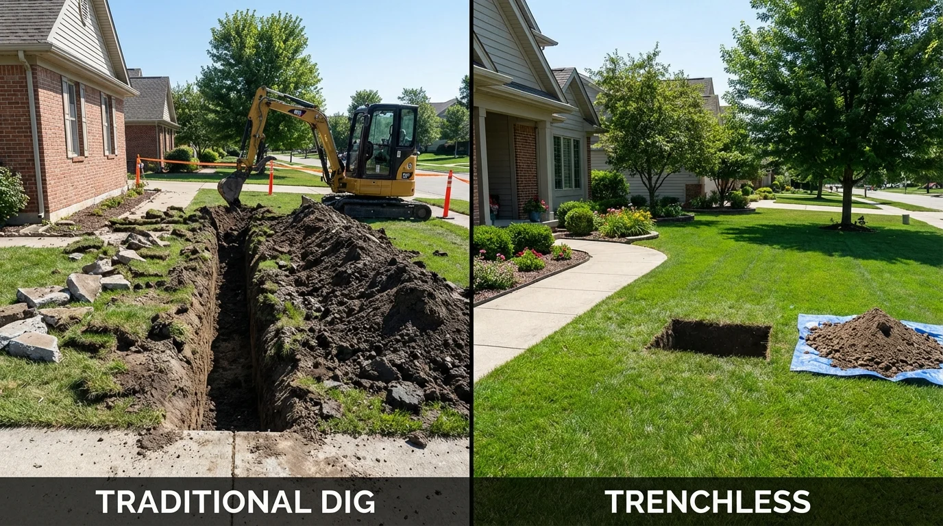 Trenchless sewer repair with minimal yard damage versus traditional excavation in South Lebanon, OH