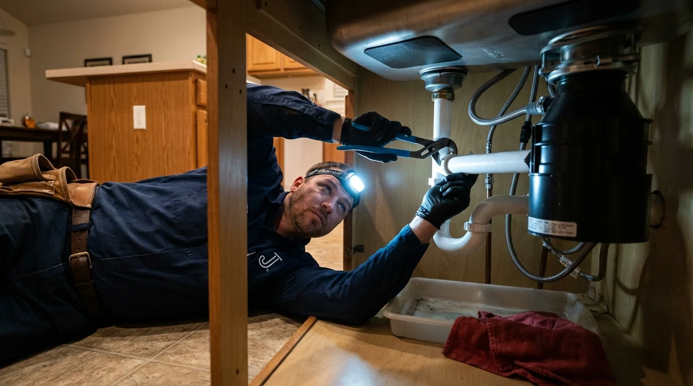 P-trap and supply line connections under a kitchen sink showing a common leak point in South Lebanon, OH
